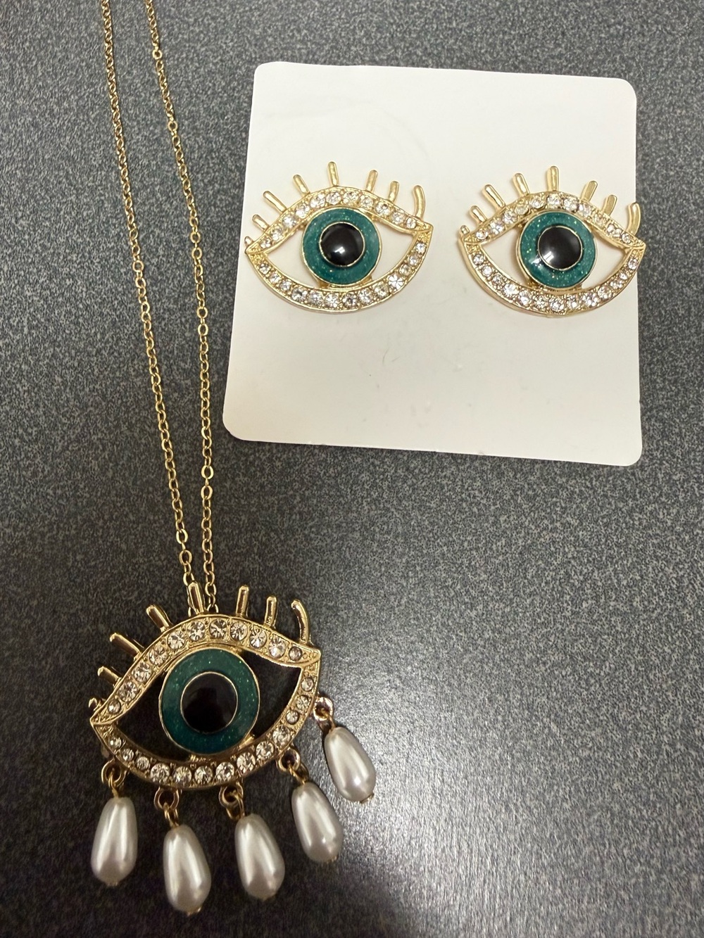 Gold-Tone Teal Green Evil Eye Necklace & Earrings Set with Pearl Drops
